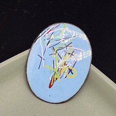Vintage Enamel On Copper Blue Yellow Green Black White 2” Pin Brooch 3682
