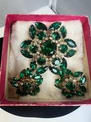 Vtg Judy Lee Green Marquise Rhinestone Starburst Flower Gold Tone Demi Parure
