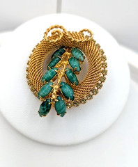 Vintage HOBE Brooch Earrings Set Green Art Glass Gold Mesh Rhinestone