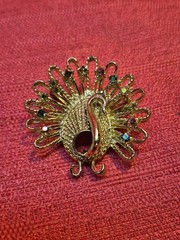 Vintage Gold Tone Peacock Brooch Rhinestone Costume Jewelry Missing Stones