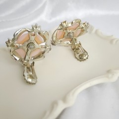 Vtg Pink Thermoset Flower Clip Earrings Rhinestone Gold Tone MCM Ribbon Cabochon