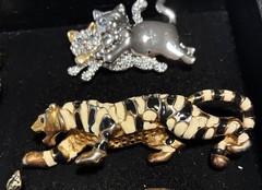 Vintage Pin Brooch Signed AJC Patchwork Cat plus Cats Turkey Flower etc. Lot