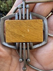 Vintage Mid Century Modern Silver Plate & Wood Gold Crown Inc Pendant Necklace