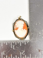 Vintage Costume Jewelry Last Cameo Orange Hand Carved Shell Gold Tone Pendant