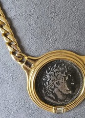 Vintage Replica Roman Coin Bezel Set In Goldtone Rhinestone Accents TAT Necklace