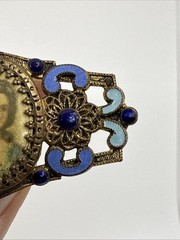 Antique Edwardian Portrait Brooch Blue Enamel C Clasp C1900 Vtg Cameo Brass