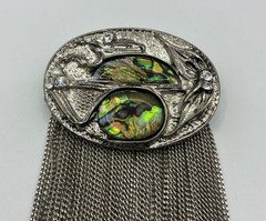 Vintage Brooch Abalone Shell Tassel Rhinestone Silver Tone Dangle Chain Pin