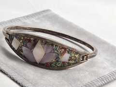 Vintage Alpaca Mexico Silvertone Hinged Bracelet Inlaid Mother Of Pearl Abalone