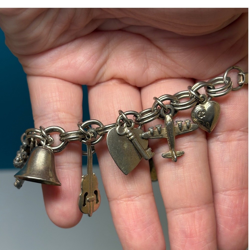 Vintage Silver Tone Double Link Charm Bracelet Bell Violin Airplane Heart