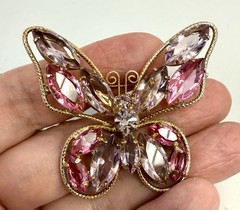 VTG Pink & Lavender Rhinestone Butterfly Brooch ,Clip-On Earrings Set,Gold Tone