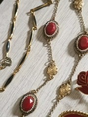 Estate Jewelry Red And Goldtone Mixed Necklace Bracelets Brooches Lot High End