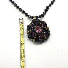 Vintage Jet Black Faceted Glass Strand Pink Clear Rhinestone Pendant Necklace