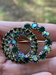 Vintage AB Green Blue Crystals Rhinestones Brooch 2 Circles Wreaths