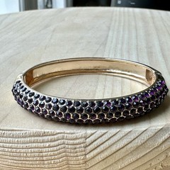 VTG Hinged Clamper Bracelet Size 6.5 Dark Purple Rhinestone Gold Tone Elegant