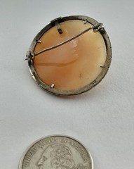 Vintage Carved Shell Rose Cameo Pin Brooch Pendant High Relief 800 Silver Frame