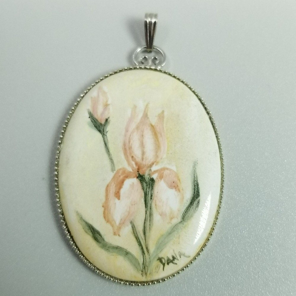 Vintage Pink and Green Painted Flower Pendant, Oval Silver Tone Setting, Signed