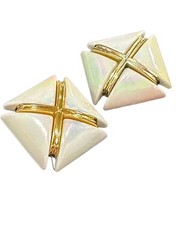 Vtg 1980s 1990s Chunky X Design White Gold Iridescent Statement Clip On Earrings