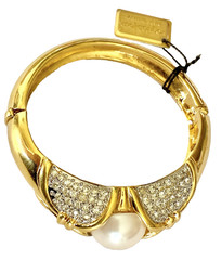 VOGUE BIJOUX ITALY F/PEARL PAVE CRYSTAL GOLD PLATED BANGLE BRACELET~ 7″ ~NOS VTG