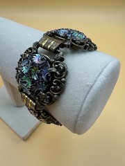 Vtg Judy Lee Peacock Carnival Art Glass Panel Bracelet Renaissance Revival