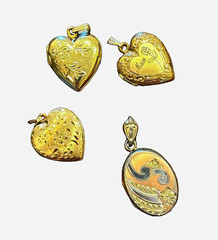 Lot of 4 Heart & Oval Photo Locket Pendants, Gold & Silver Tone Metal