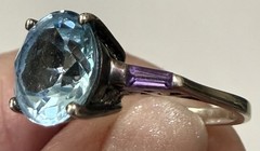Vintage KL 925 Sterling Silver Big Sky Blue Topaz Amethyst Baguettes Ring Sz6.75