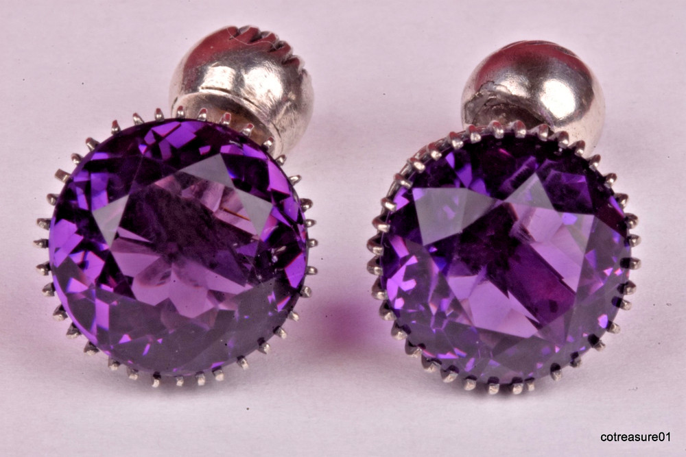 RARE Antique Sterling Silver Amethyst Cufflinks Cuff Links Approx 5ct Each