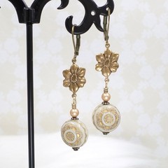 Gold Flower Dangle Earrings: Vintage Style Acrylic Pearl Bead Handmade Jewelry
