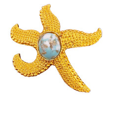 Vintage Starfish Brooch Pin Gold Tone Faux Turquoise Cabochon Textured 1.5 in