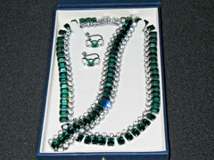 Vintage Faux Emerald Green & Clear Rhinestone Necklace Bracelet Earring Set RARE