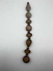 Vintage Brass Statement Bracelet Rutilated Quartz Mixed Stone Peacock Engraving
