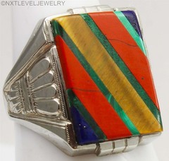 Antique Art Deco Lapis Malachite Multi Gemstone Inlay 10k Solid Gold Men’s Ring