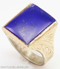 HEAVY 10.6 GRAM Antique Art Deco Natural Lapis Solid Silver & 14k Gold Mens Ring