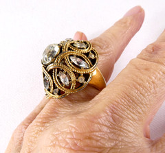Vintage Crown Trifari Cocktail Ring Dome Shaped Gold Tone Clear Marquise Stones