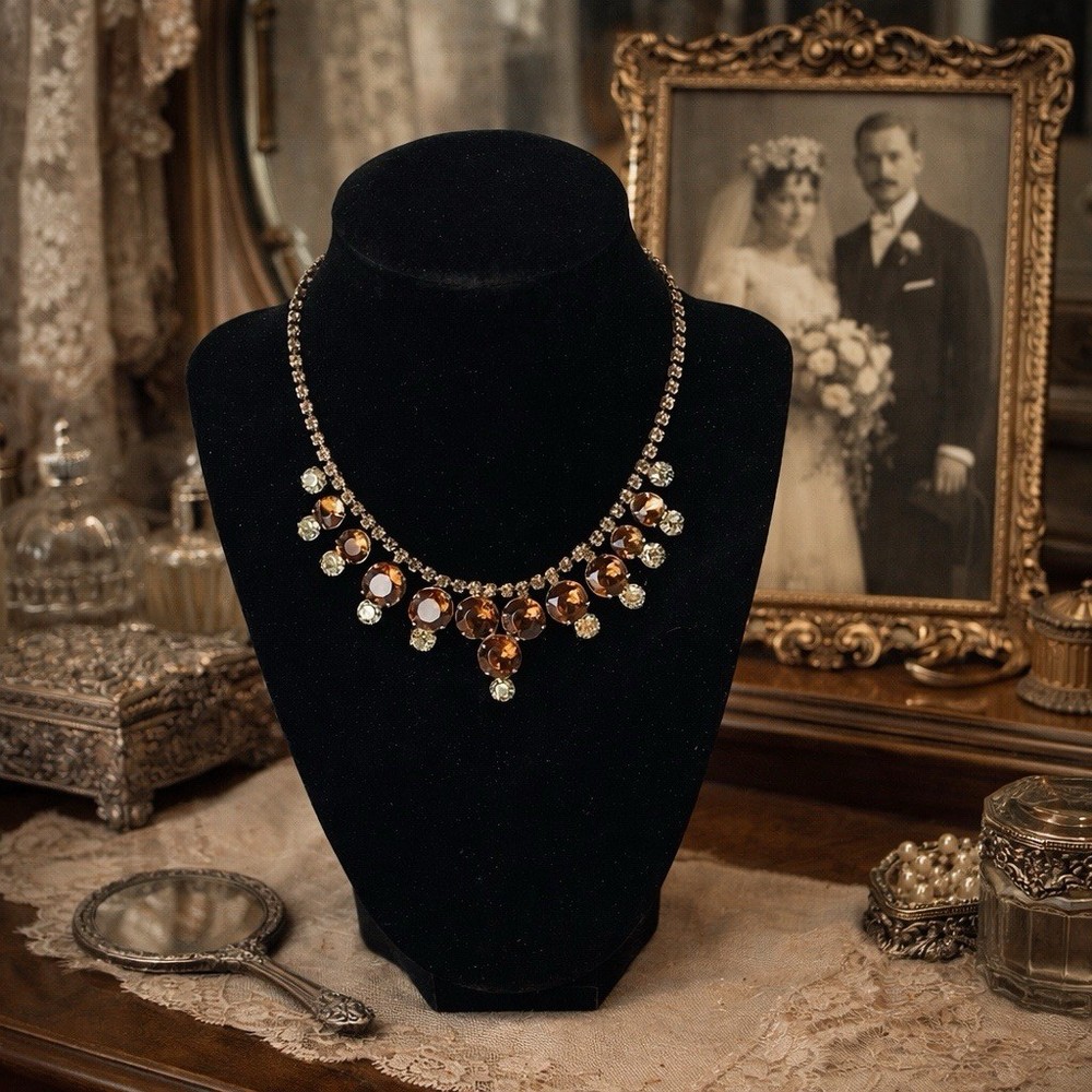 Vtg 15” Rhinestone Choker Necklace -Amber & Champagne Crystal – Evening Wear