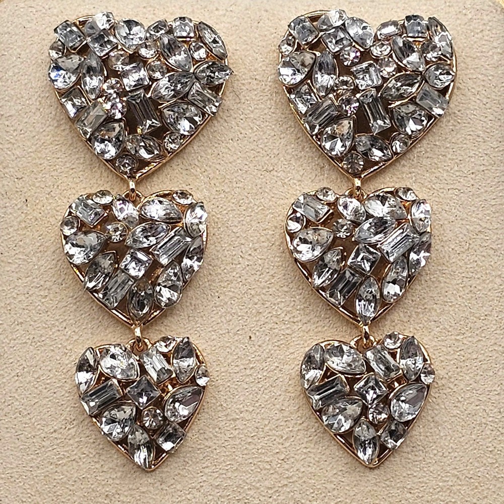 Triple Heart Dangle Earrings Gold Tone Clear Rhinestone Acrylic Statement 2.25″