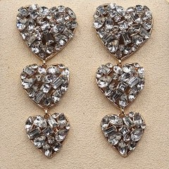 Triple Heart Dangle Earrings Gold Tone Clear Rhinestone Acrylic Statement 2.25″