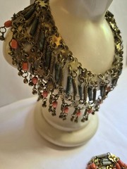 Vintage Egyptian Revival Faience Style Bib Necklace & Bracelet Brass Tone READ
