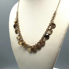 Vintage Chain Bib Necklace with Textured Dangling Discs in Two Tone, Sparkling