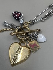 JUICY COUTURE Two Tone Safety Pin Hearts Strawberry Letter J Charm Necklace READ