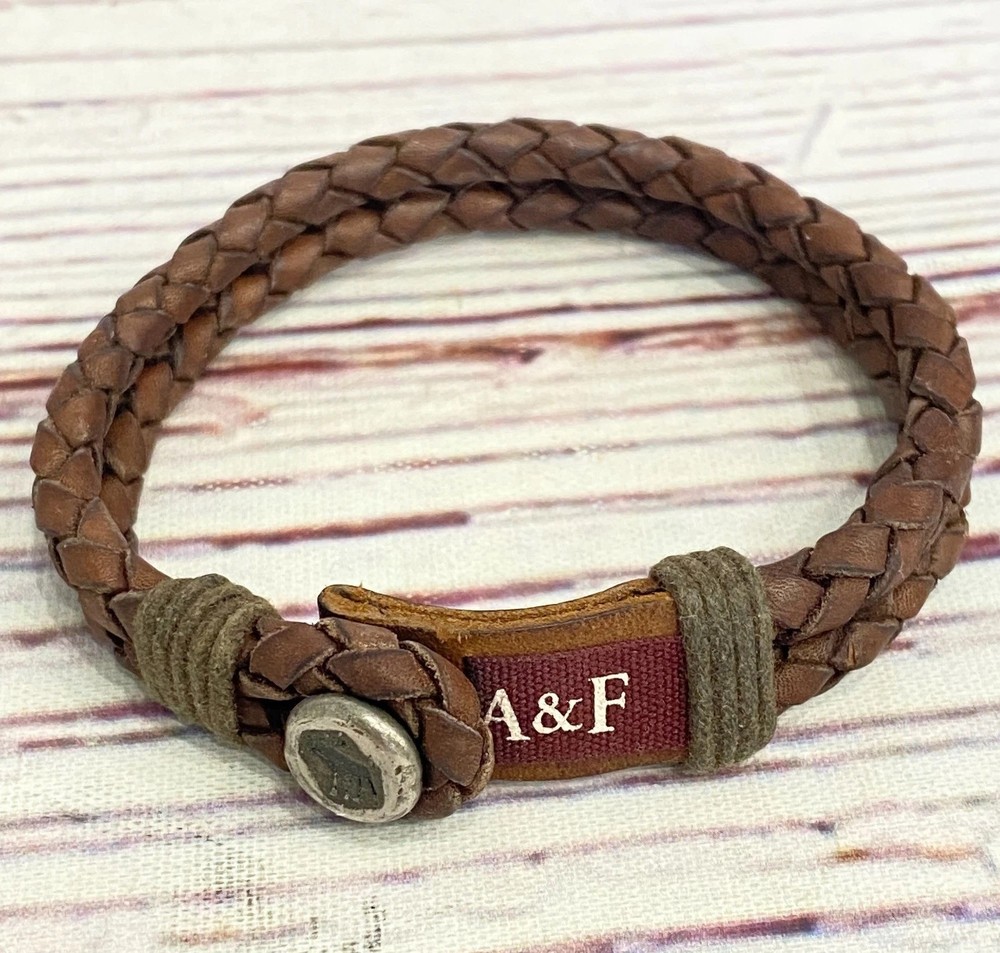 Vintage Abercrombie & Fitch A&F Logo Braided Brown Leather Button Y2K Bracelet