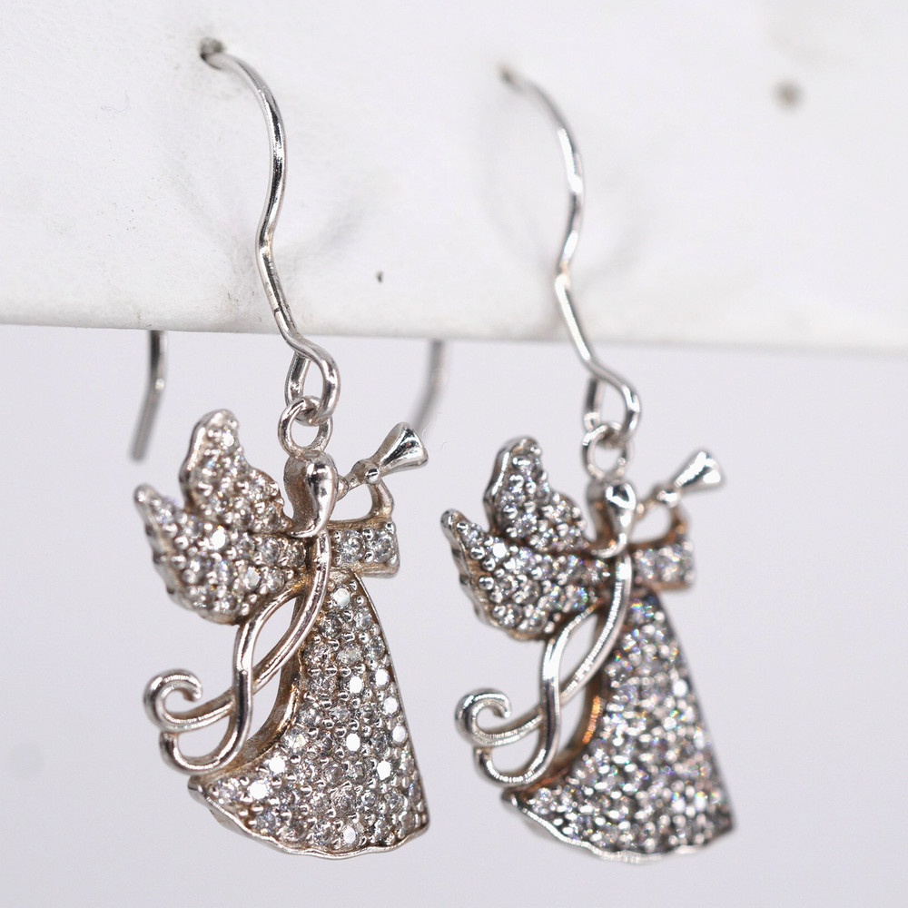 Christian Easter CZ Pave Angel Trumpet Drop Earrings Sterling Silver 925 | 2.63g