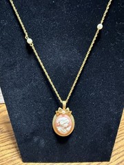 Vintage AVON Gold Tone Cameo Necklace & Earrings Set White & Pink Oval