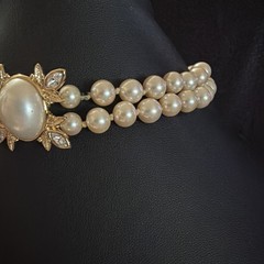 Vintage Marvella Pearl Double Strand Rhinestone Choker Necklace w/original tag