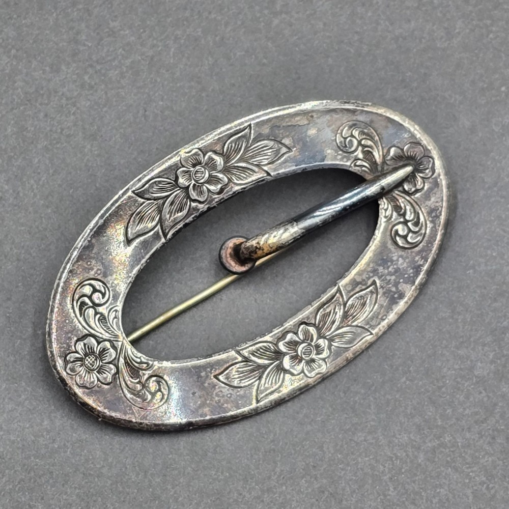 Antique Silver Oval Belt Buckle Brooch 3″ Embossed Floral Accents
