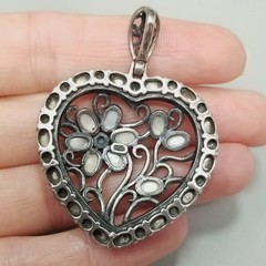 Vintage Sterling Silver Floral Heart Pendant Blue Glass Cabochon Filigree 2 Inch