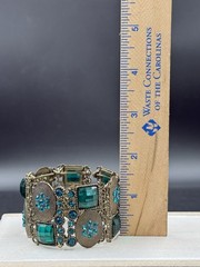 Vintage Metal Cuff Bracelet With Green And Turquoise Colored Stones Open Slide