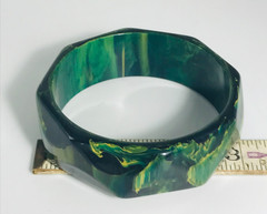 Vintage Blue Moon Bakelite Bangle Geometric Faceted Hexagon Marbled Green Rare