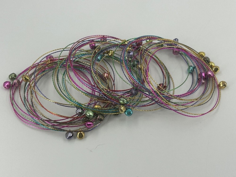 Boho Jingle Bell Coil Wrap Bracelet Multi-Color Metallic Wire 7.75″
