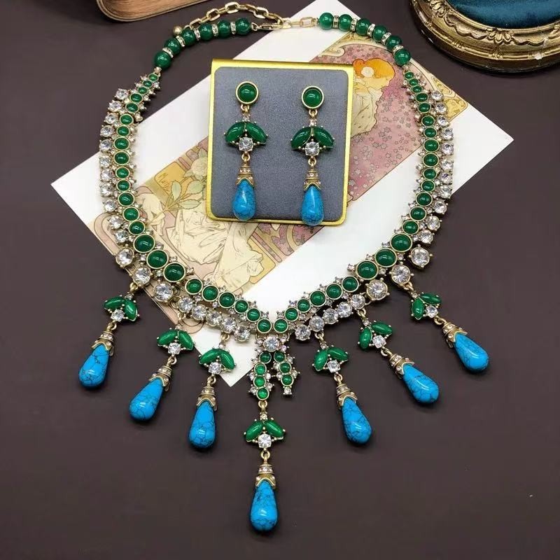 Victorian Turquoise & Emerald Green Statement Necklace Set Vintage Gold Jewelry