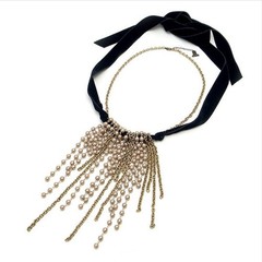 Lanvin Necklace Faux Pearl Black Velvet Ribbon Gold Tone Chain Tassel Statement